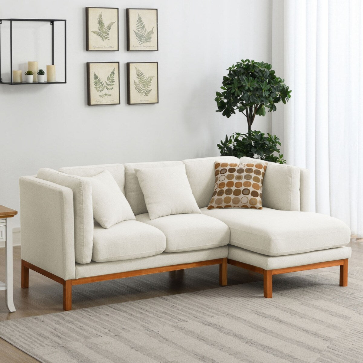 Rustic L-shaped Couch Set with 3 Free Pillows,4-seat Linen Fabric Indo