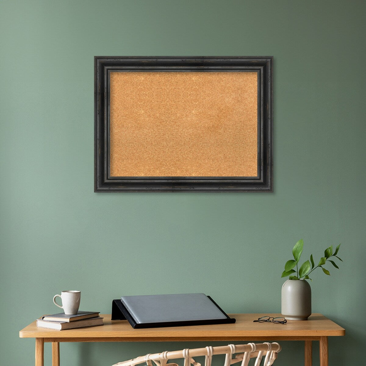 Rustic Pine Black Wood Framed Natural Corkboard Bulletin Board