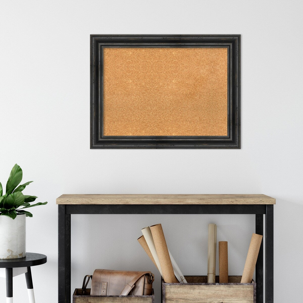 Rustic Pine Black Wood Framed Natural Corkboard Bulletin Board