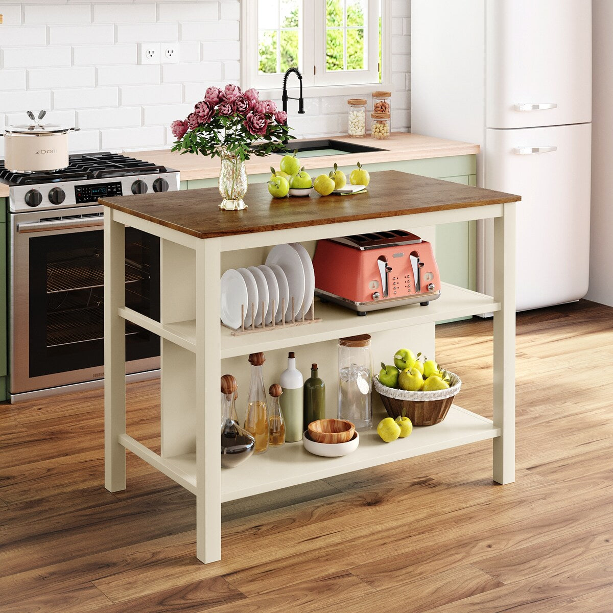 Rustic Stationary Kitchen Island Rubber Butcher Block Dining Table