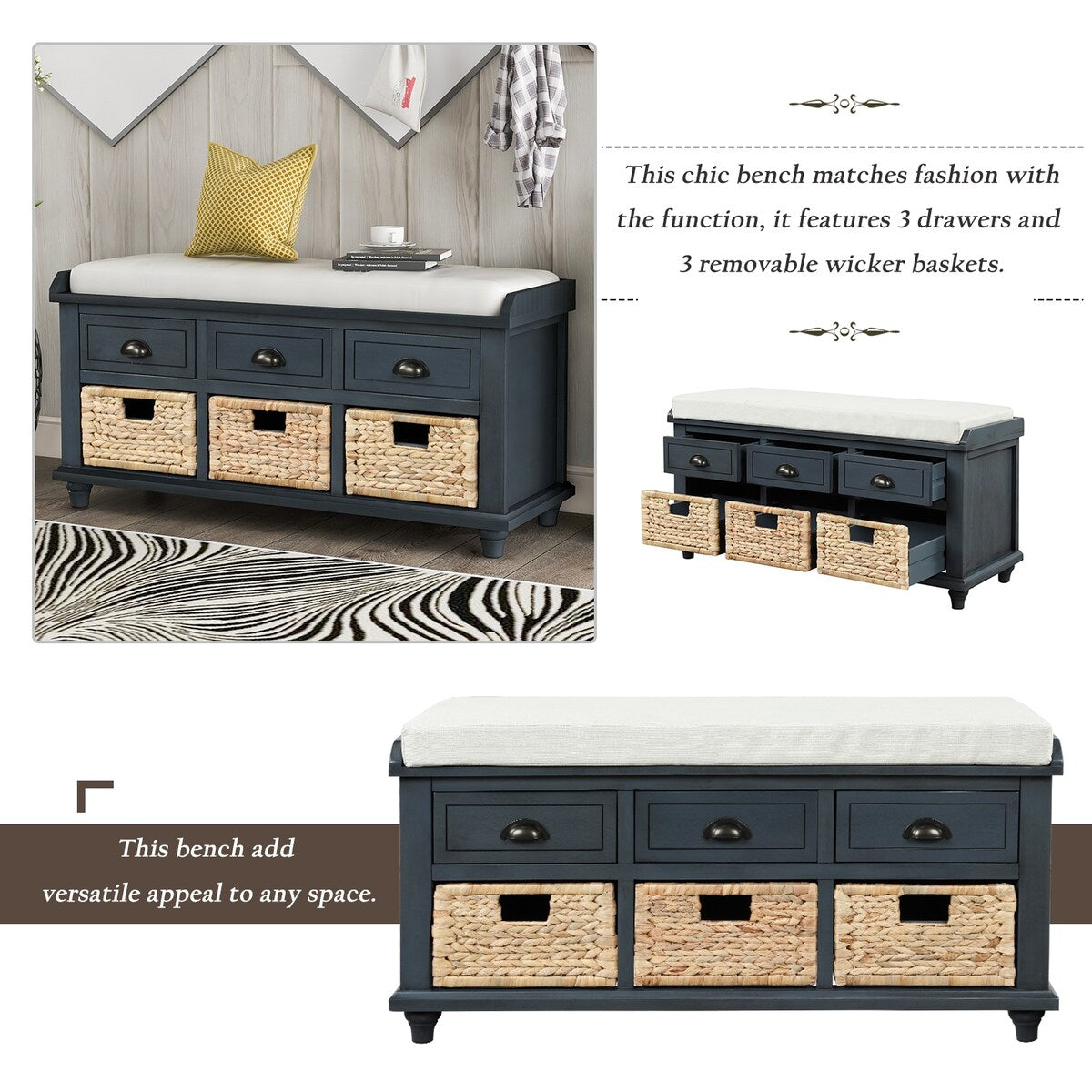 Rustic Storage Bench with 3 Drawers and 3 Rattan Baskets, Shoe Bench