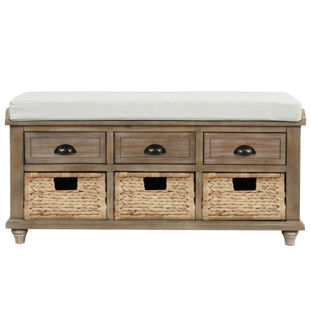 Rustic Storage Bench with 3 Drawers and 3 Rattan Baskets, Shoe Bench