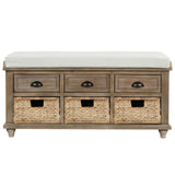 Rustic Storage Bench with 3 Drawers and 3 Rattan Baskets, Shoe Bench