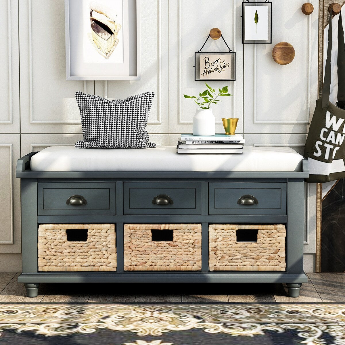 Rustic Storage Bench with 3 Drawers and 3 Rattan Baskets, Shoe Bench