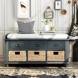 Rustic Storage Bench with 3 Drawers and 3 Rattan Baskets, Shoe Bench