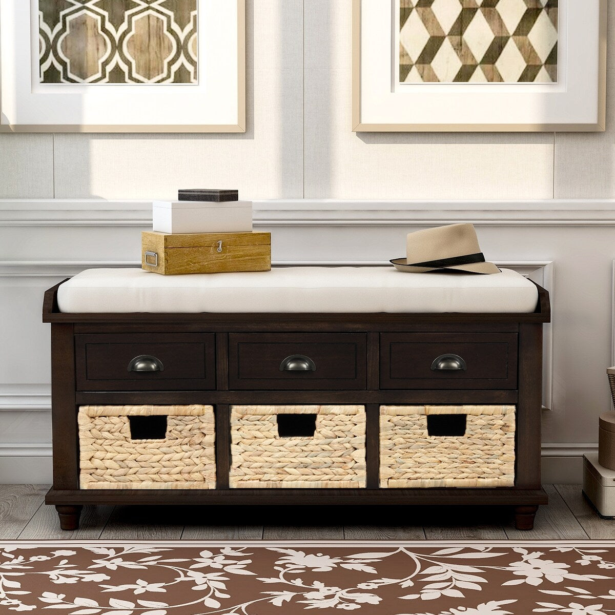 Rustic Storage Bench with 3 Drawers and 3 Rattan Baskets, Shoe Bench