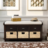 Rustic Storage Bench with 3 Drawers and 3 Rattan Baskets, Shoe Bench