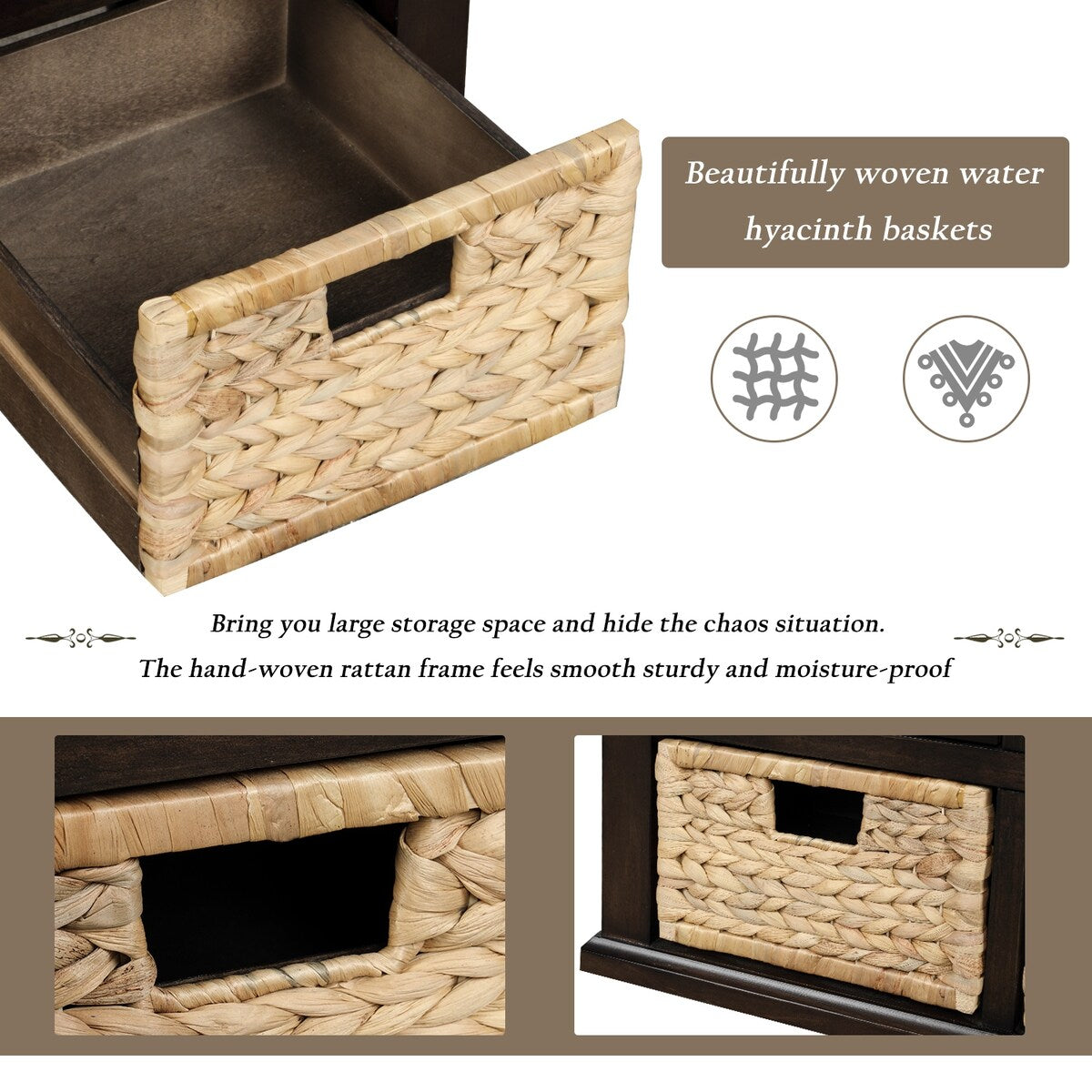 Rustic Storage Bench with 3 Drawers and 3 Rattan Baskets, Shoe Bench