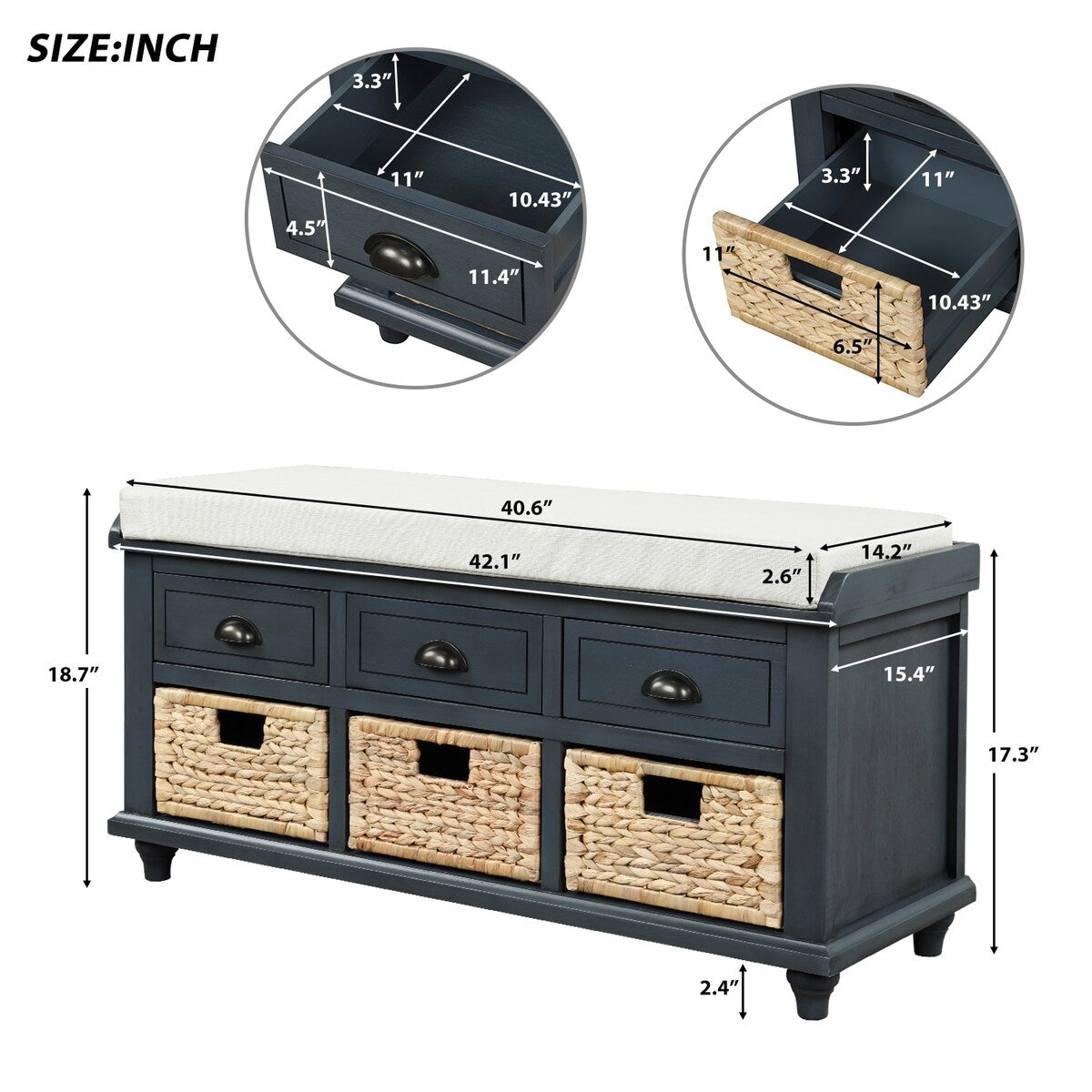 Rustic Storage Bench with 3 Drawers and 3 Rattan Baskets, Shoe Bench