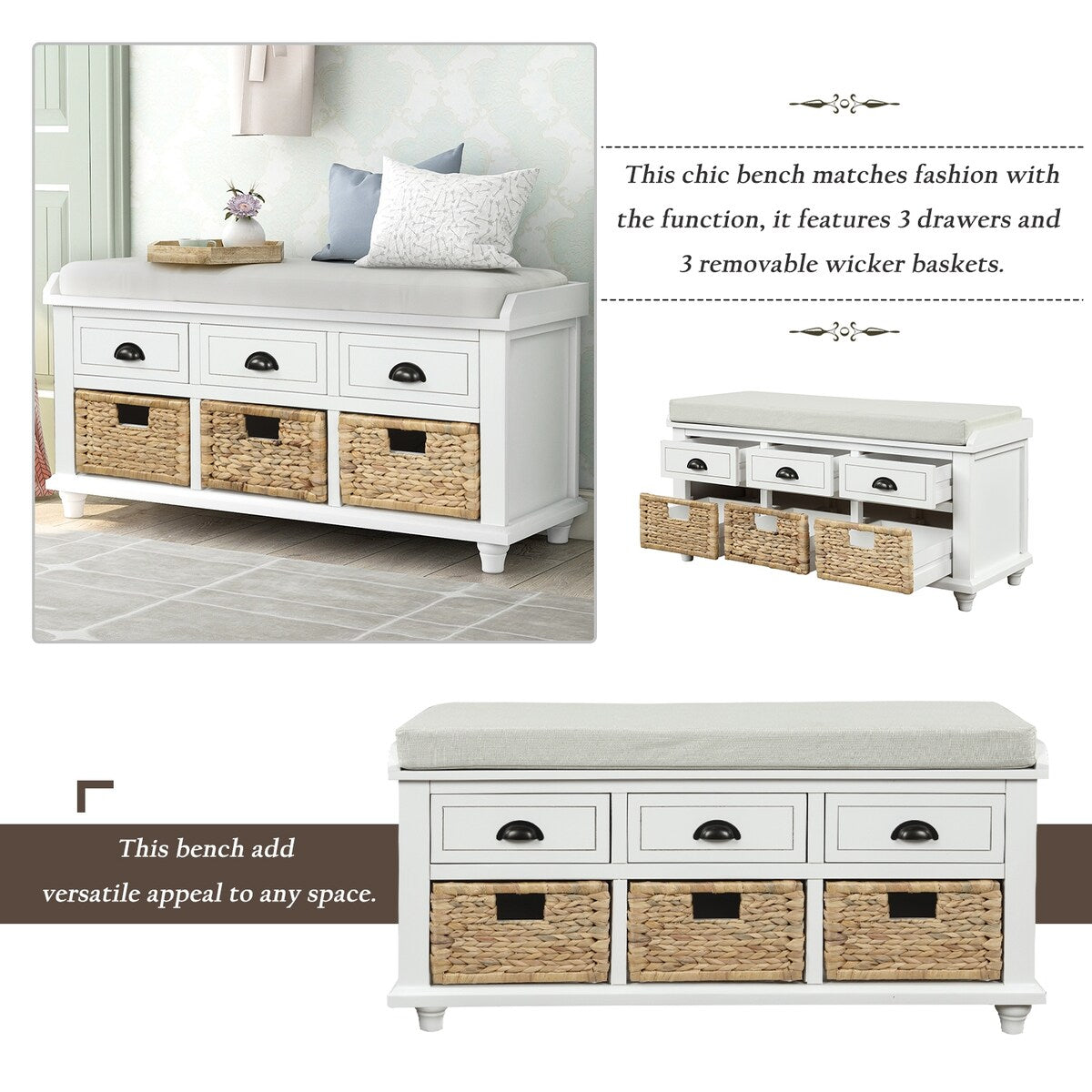 Rustic Storage Bench with 3 Drawers and 3 Rattan Baskets, Shoe Bench
