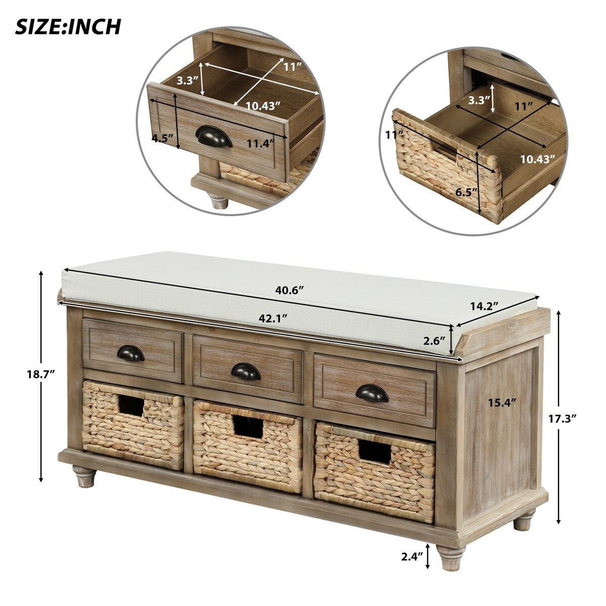 Rustic Storage Bench with 3 Drawers and 3 Rattan Baskets, Shoe Bench