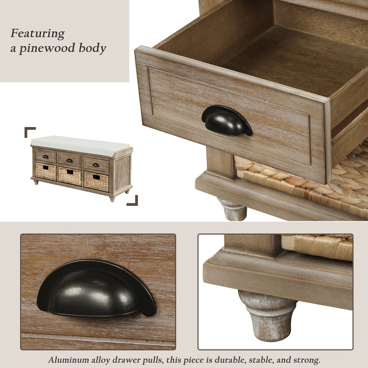 Rustic Storage Bench with 3 Drawers and 3 Rattan Baskets, Shoe Bench