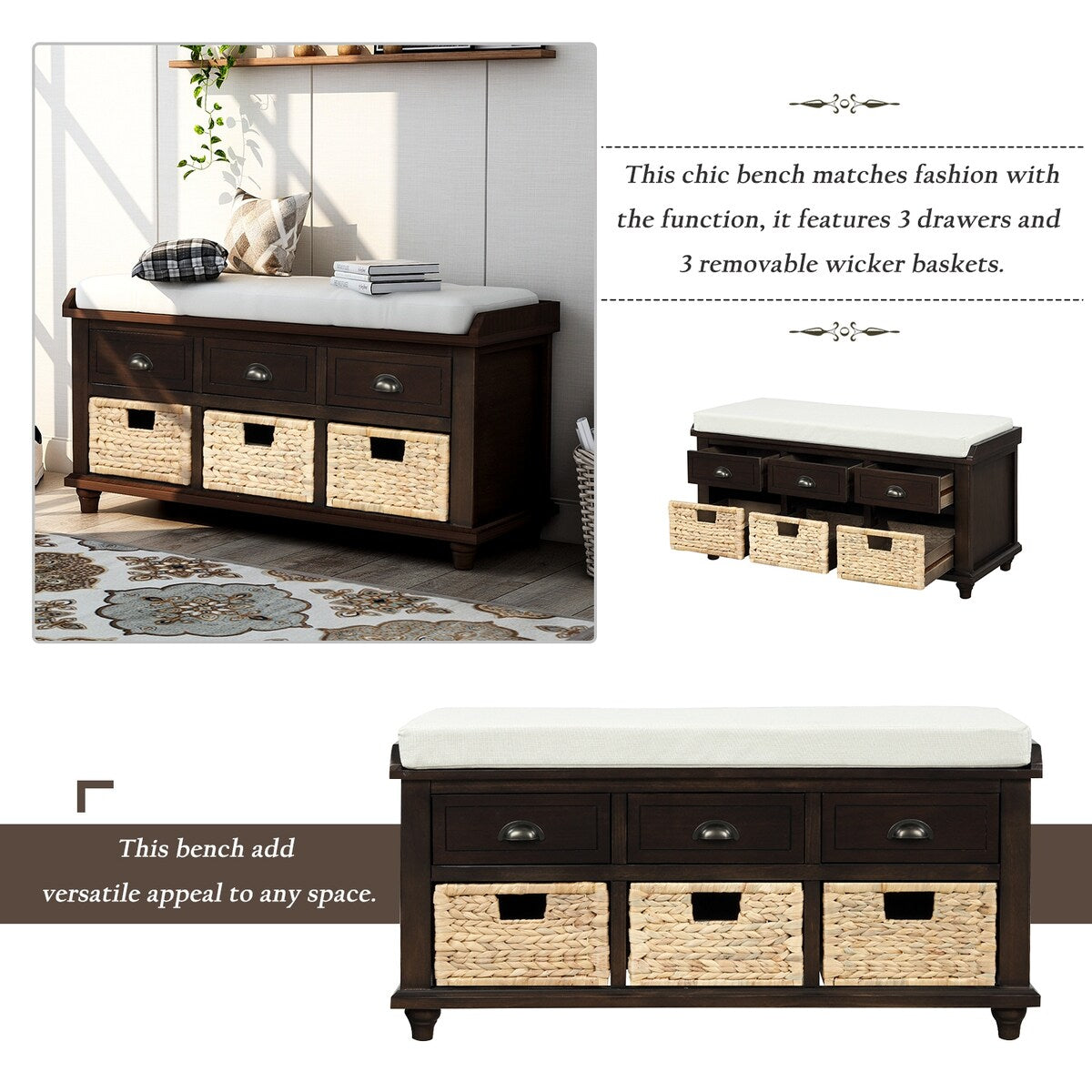 Rustic Storage Bench with 3 Drawers and 3 Rattan Baskets, Shoe Bench