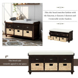 Rustic Storage Bench with 3 Drawers and 3 Rattan Baskets, Shoe Bench