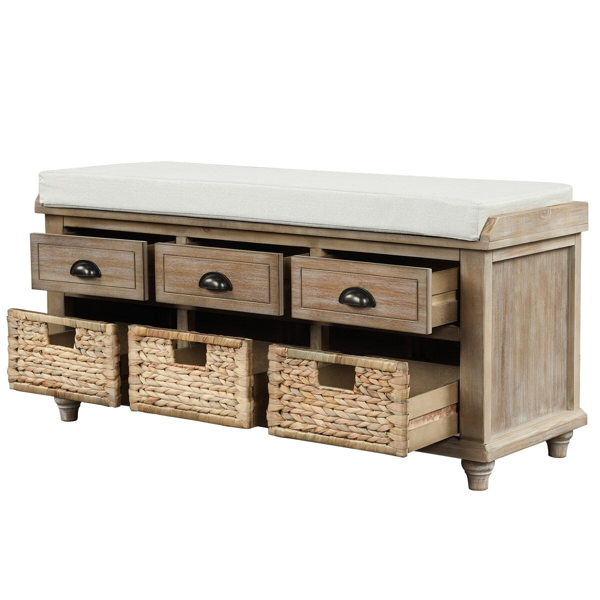 Rustic Storage Bench with 3 Drawers and 3 Rattan Baskets, Shoe Bench