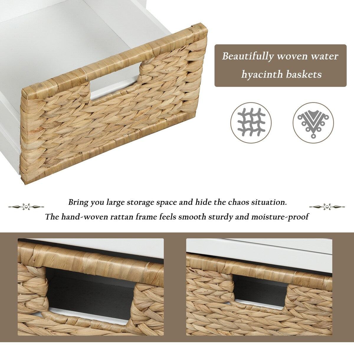 Rustic Storage Bench with 3 Drawers and 3 Rattan Baskets, Shoe Bench