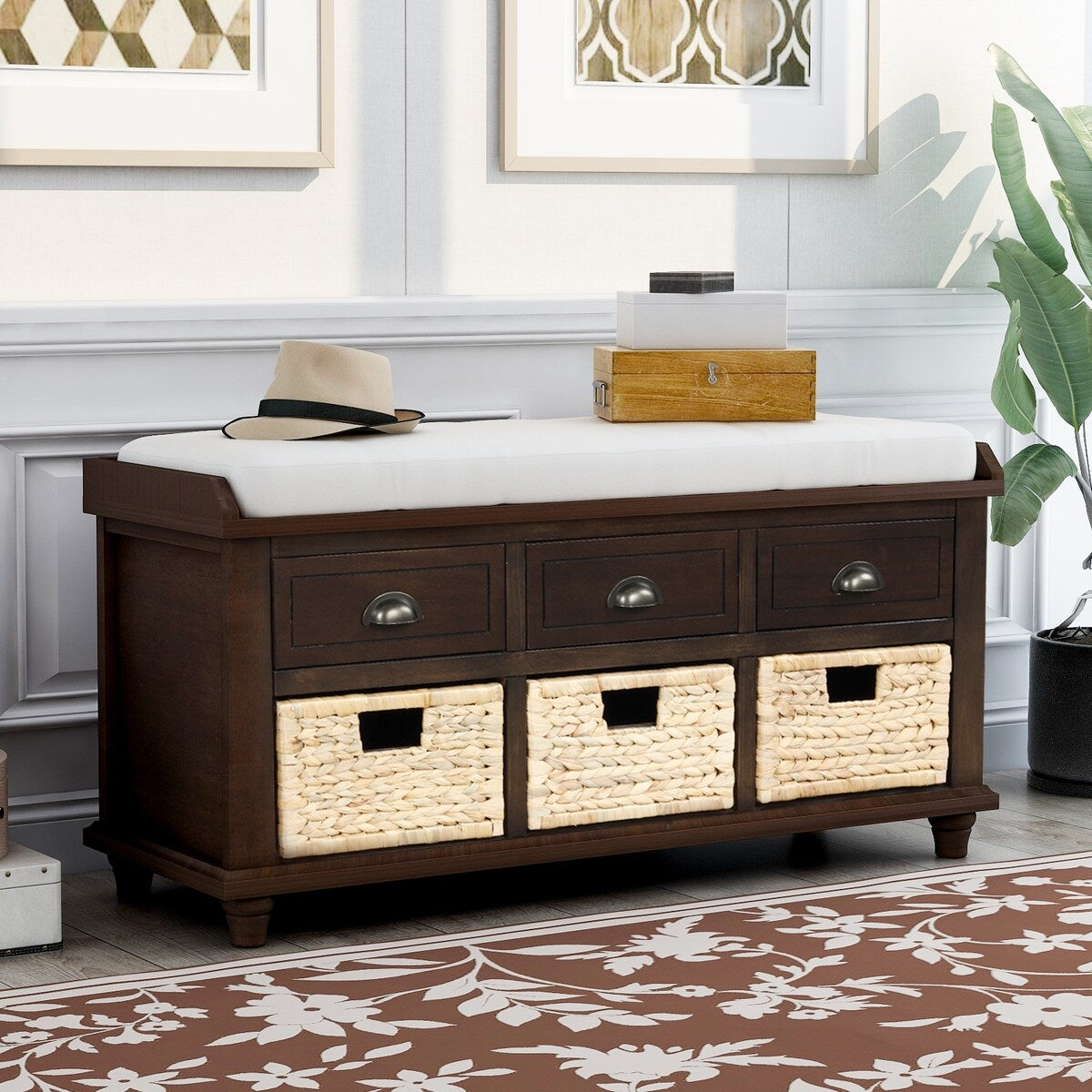 Rustic Storage Bench with 3 Drawers and 3 Rattan Baskets, Shoe Bench