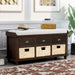 Rustic Storage Bench with 3 Drawers and 3 Rattan Baskets, Shoe Bench