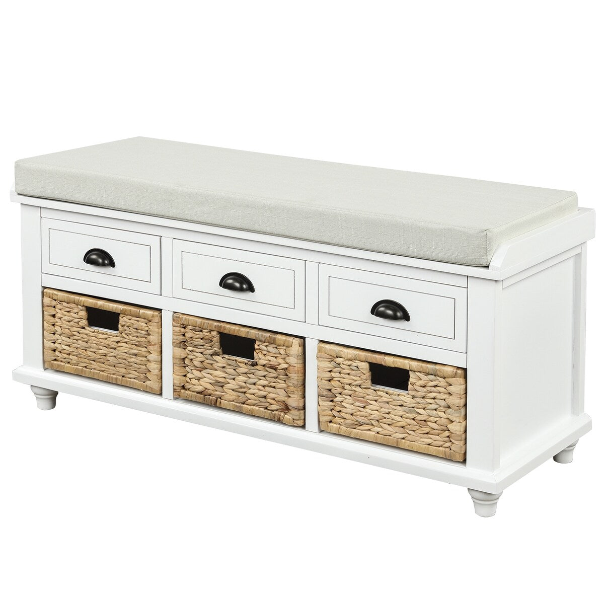Rustic Storage Bench with 3 Drawers and 3 Rattan Baskets, Shoe Bench