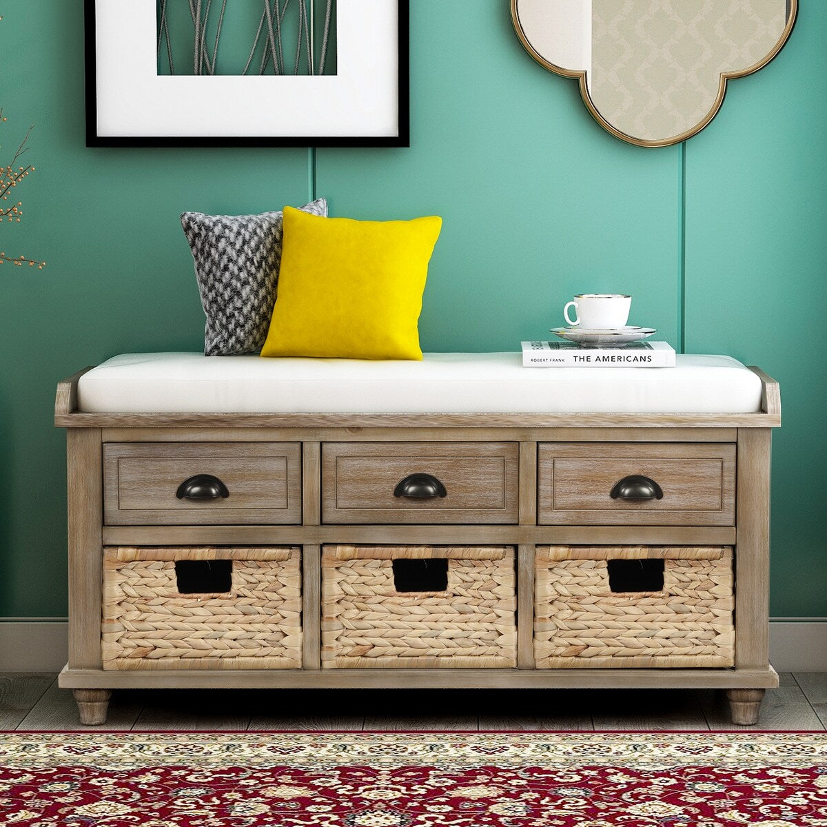 Rustic Storage Bench with 3 Drawers and 3 Rattan Baskets, Shoe Bench