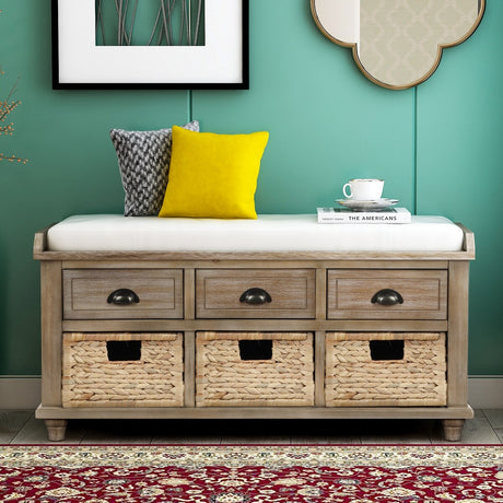 Rustic Storage Bench with 3 Drawers and 3 Rattan Baskets, Shoe Bench