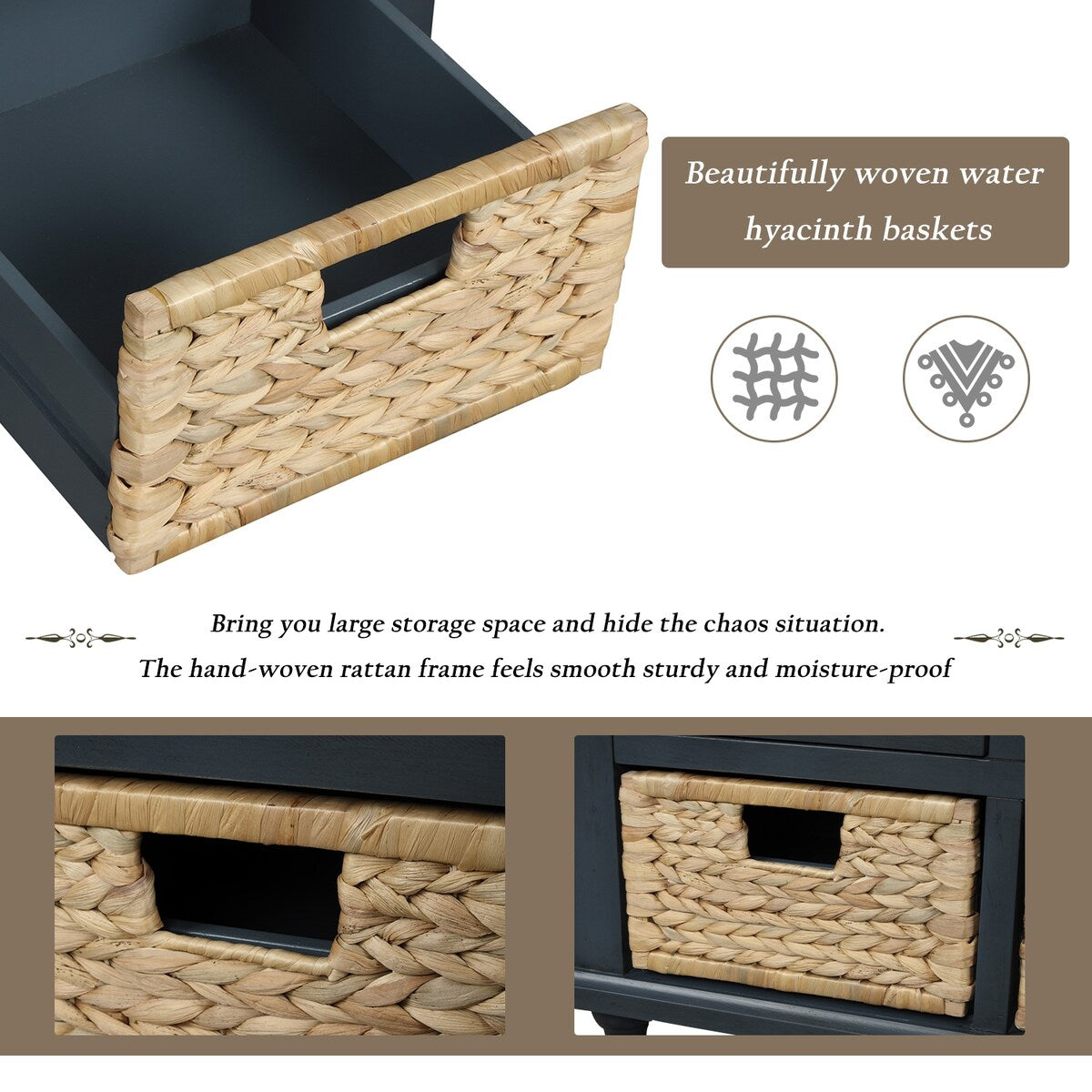 Rustic Storage Bench with 3 Drawers and 3 Rattan Baskets, Shoe Bench