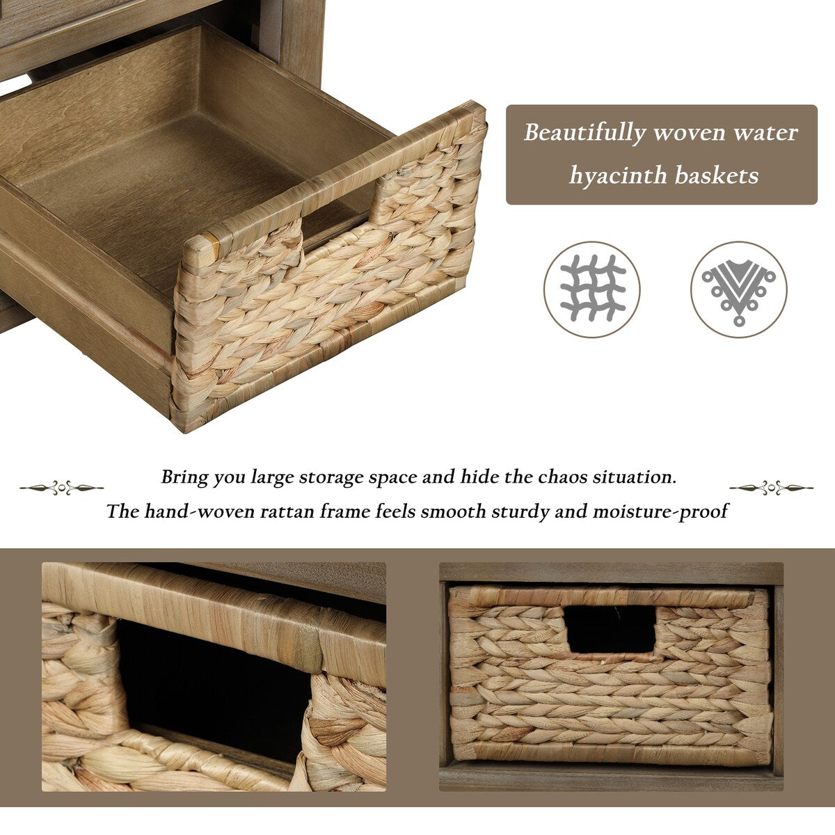 Rustic Storage Bench with 3 Drawers and 3 Rattan Baskets, Shoe Bench