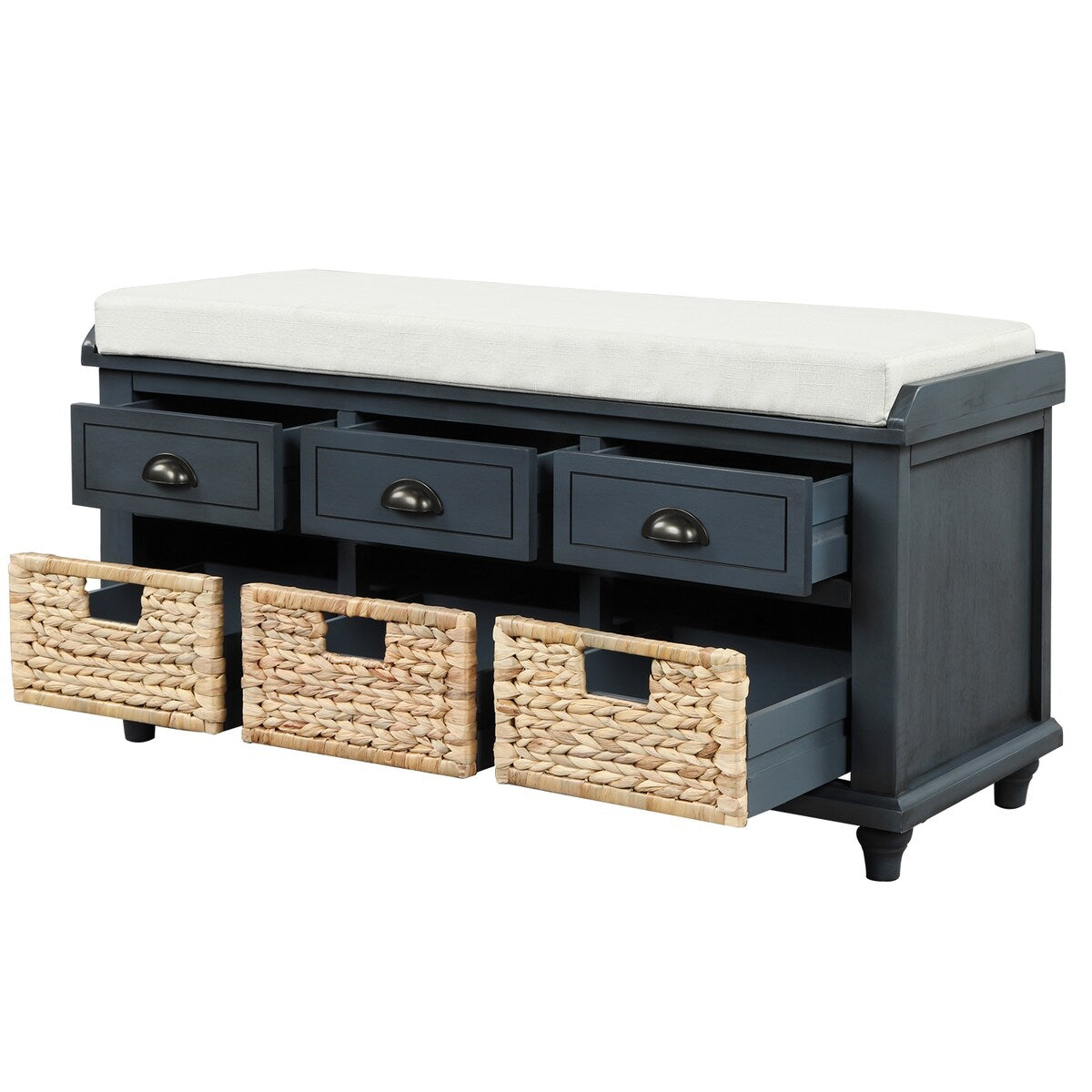 Rustic Storage Bench with 3 Drawers and 3 Rattan Baskets, Shoe Bench