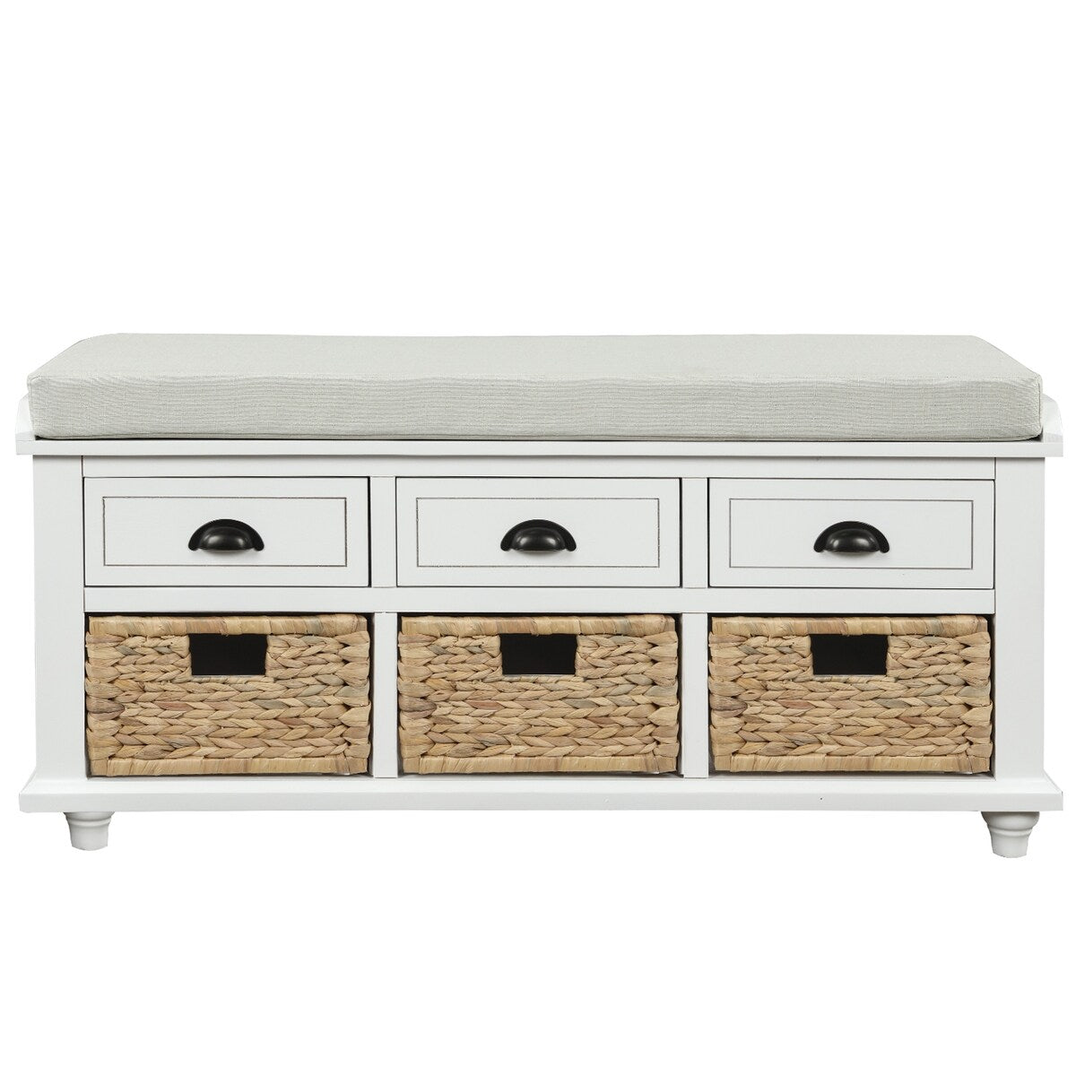 Rustic Storage Bench with 3 Drawers and 3 Rattan Baskets, Shoe Bench