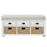 Rustic Storage Bench with 3 Drawers and 3 Rattan Baskets, Shoe Bench