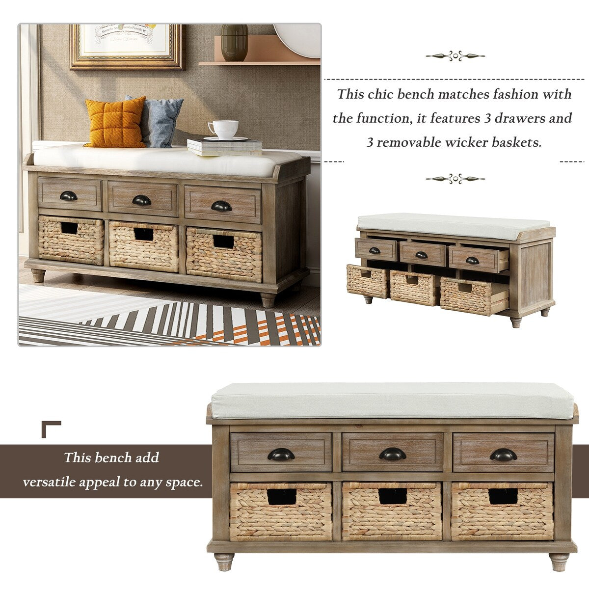 Rustic Storage Bench with 3 Drawers and 3 Rattan Baskets, Shoe Bench
