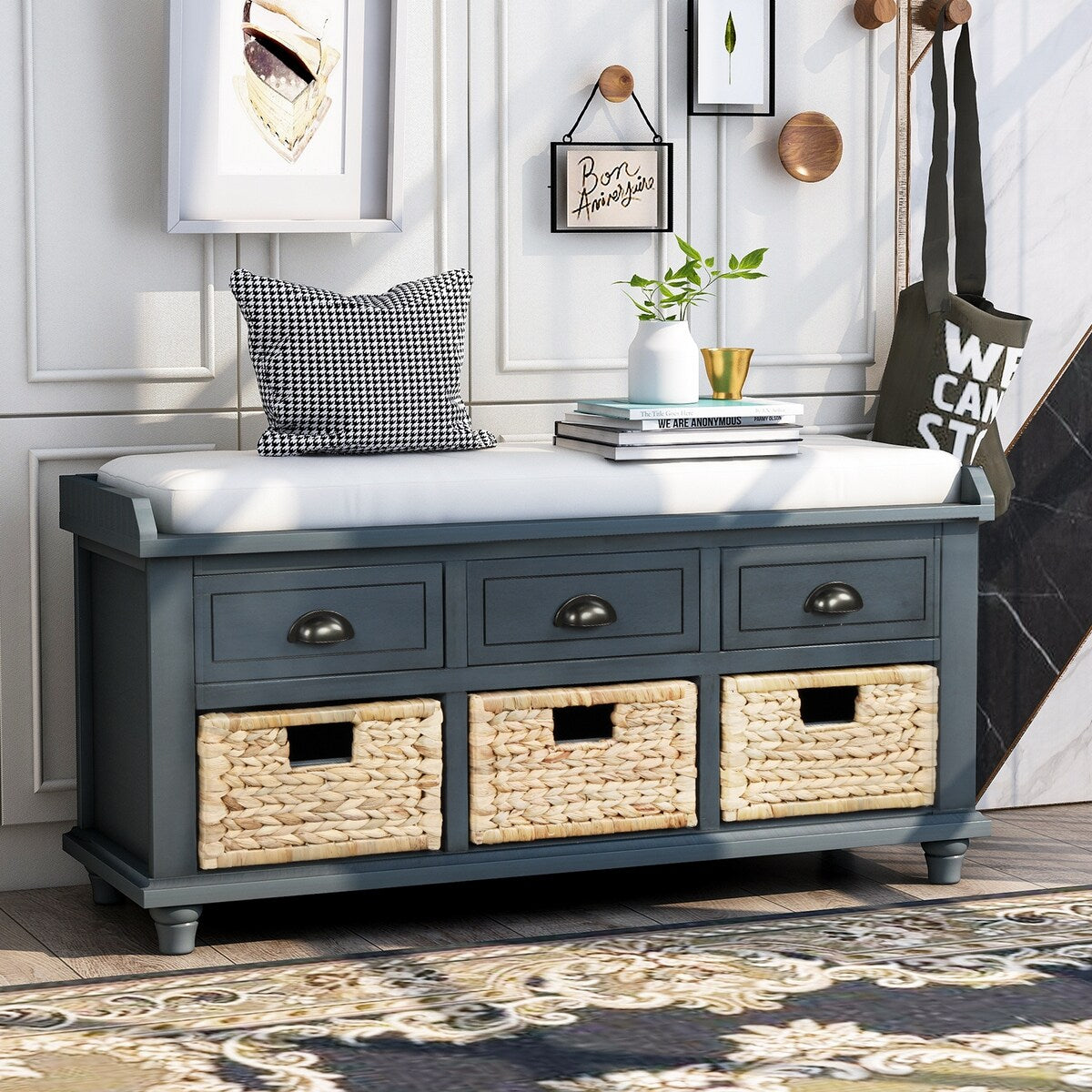 Rustic Storage Bench with 3 Drawers and 3 Rattan Baskets, Shoe Bench