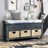 Rustic Storage Bench with 3 Drawers and 3 Rattan Baskets, Shoe Bench