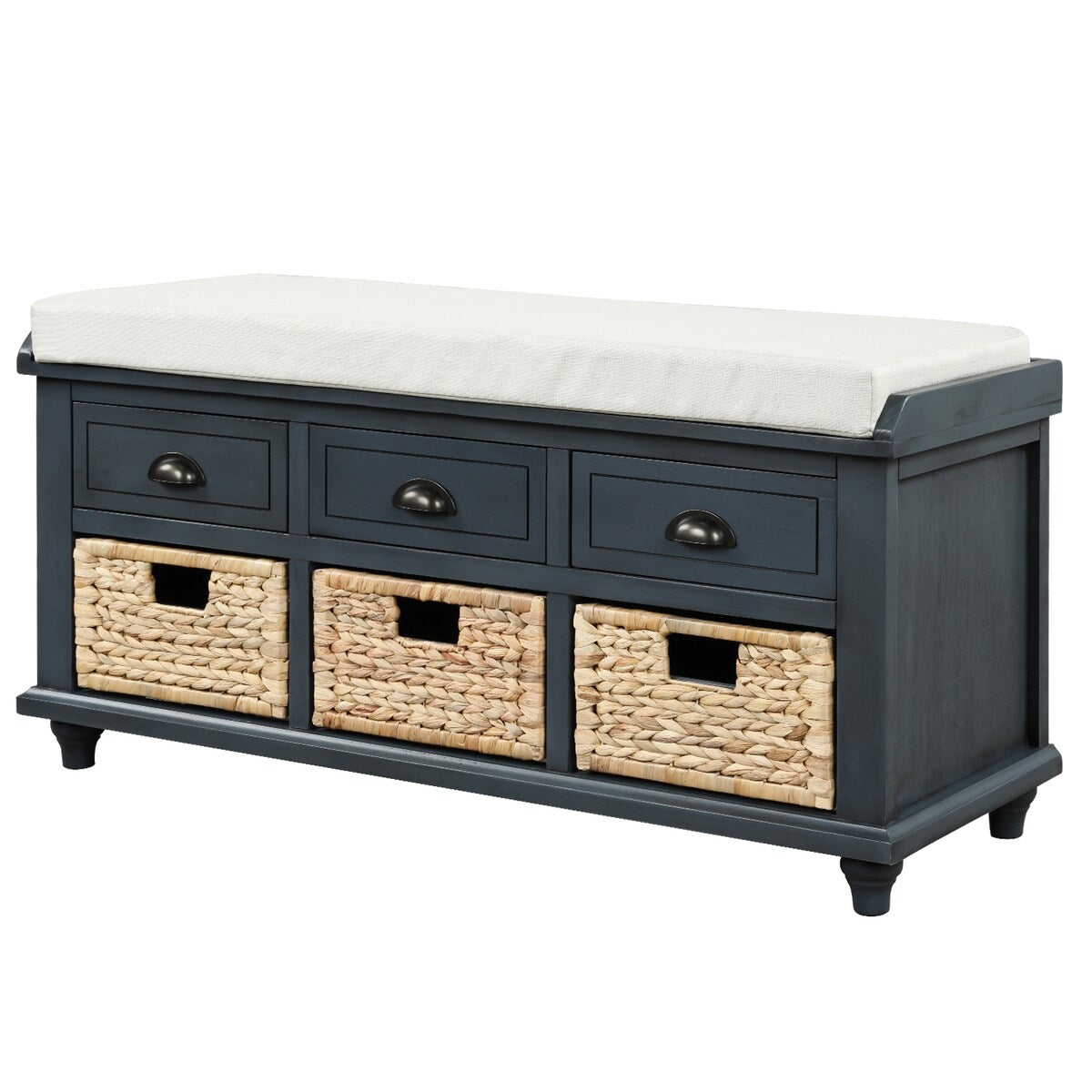 Rustic Storage Bench with 3 Drawers and 3 Rattan Baskets, Shoe Bench