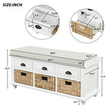 Rustic Storage Bench with 3 Drawers and 3 Rattan Baskets, Shoe Bench