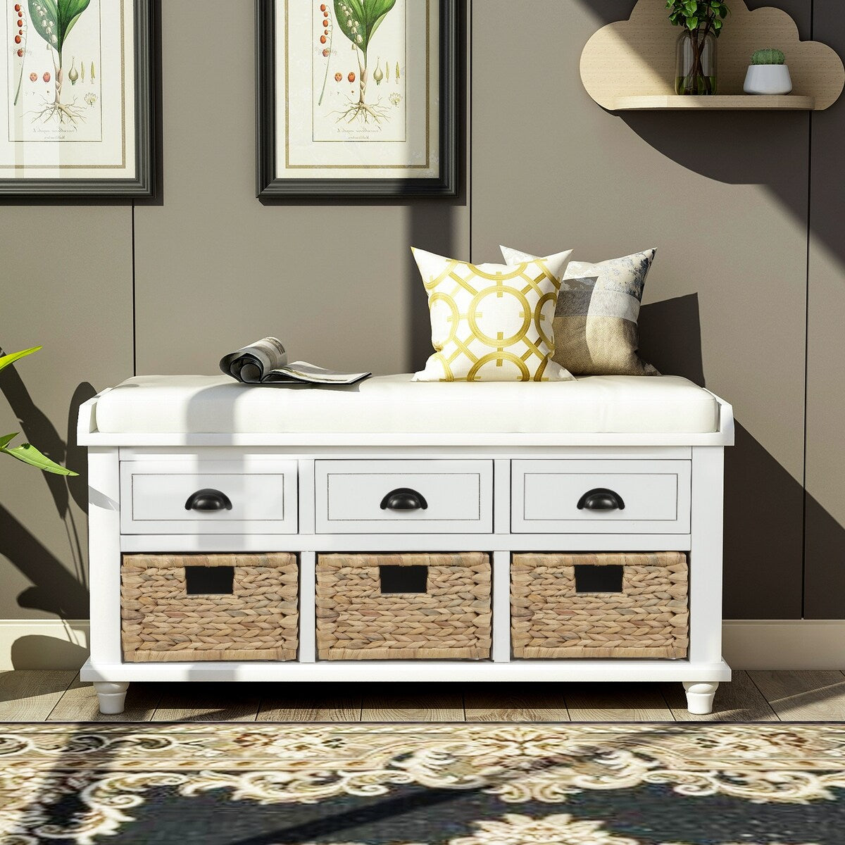 Rustic Storage Bench with 3 Drawers and 3 Rattan Baskets, Shoe Bench