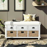 Rustic Storage Bench with 3 Drawers and 3 Rattan Baskets, Shoe Bench