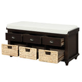 Rustic Storage Bench with 3 Drawers and 3 Rattan Baskets, Shoe Bench