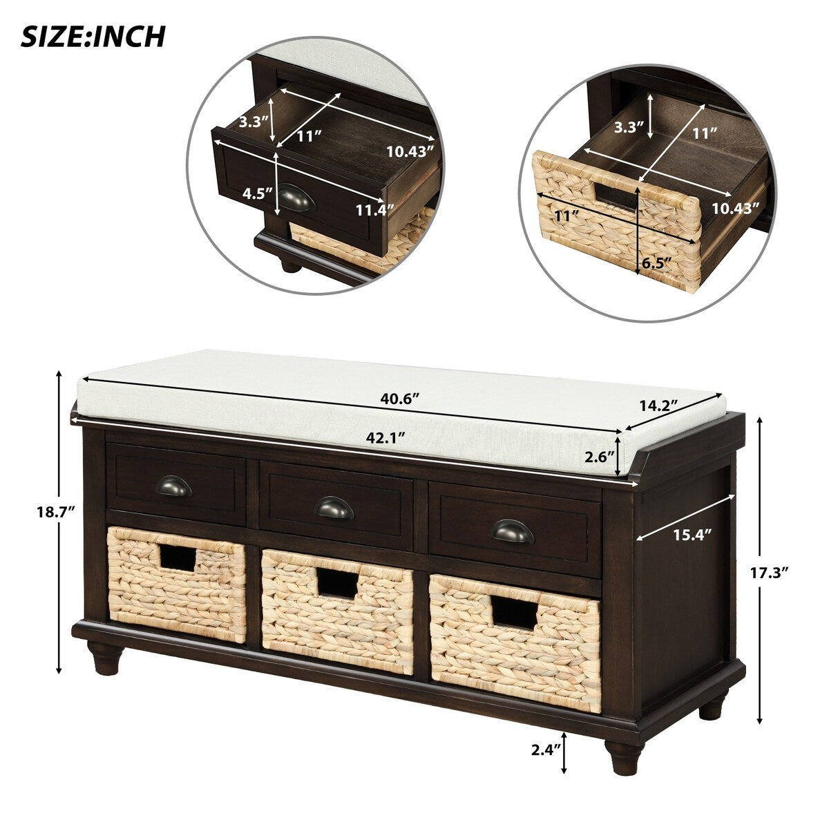 Rustic Storage Bench with 3 Drawers and 3 Rattan Baskets, Shoe Bench