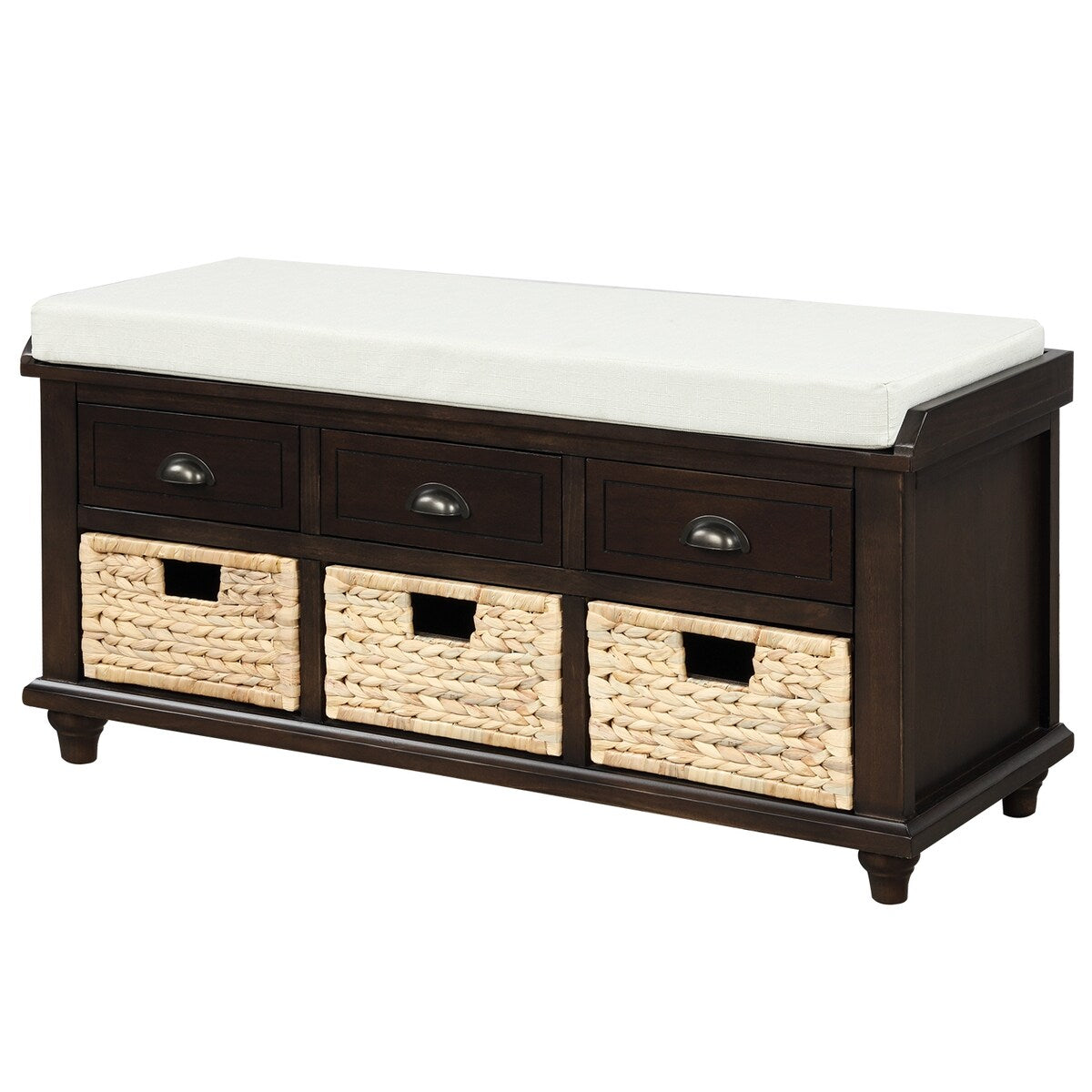 Rustic Storage Bench with 3 Drawers and 3 Rattan Baskets, Shoe Bench