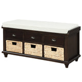 Rustic Storage Bench with 3 Drawers and 3 Rattan Baskets, Shoe Bench