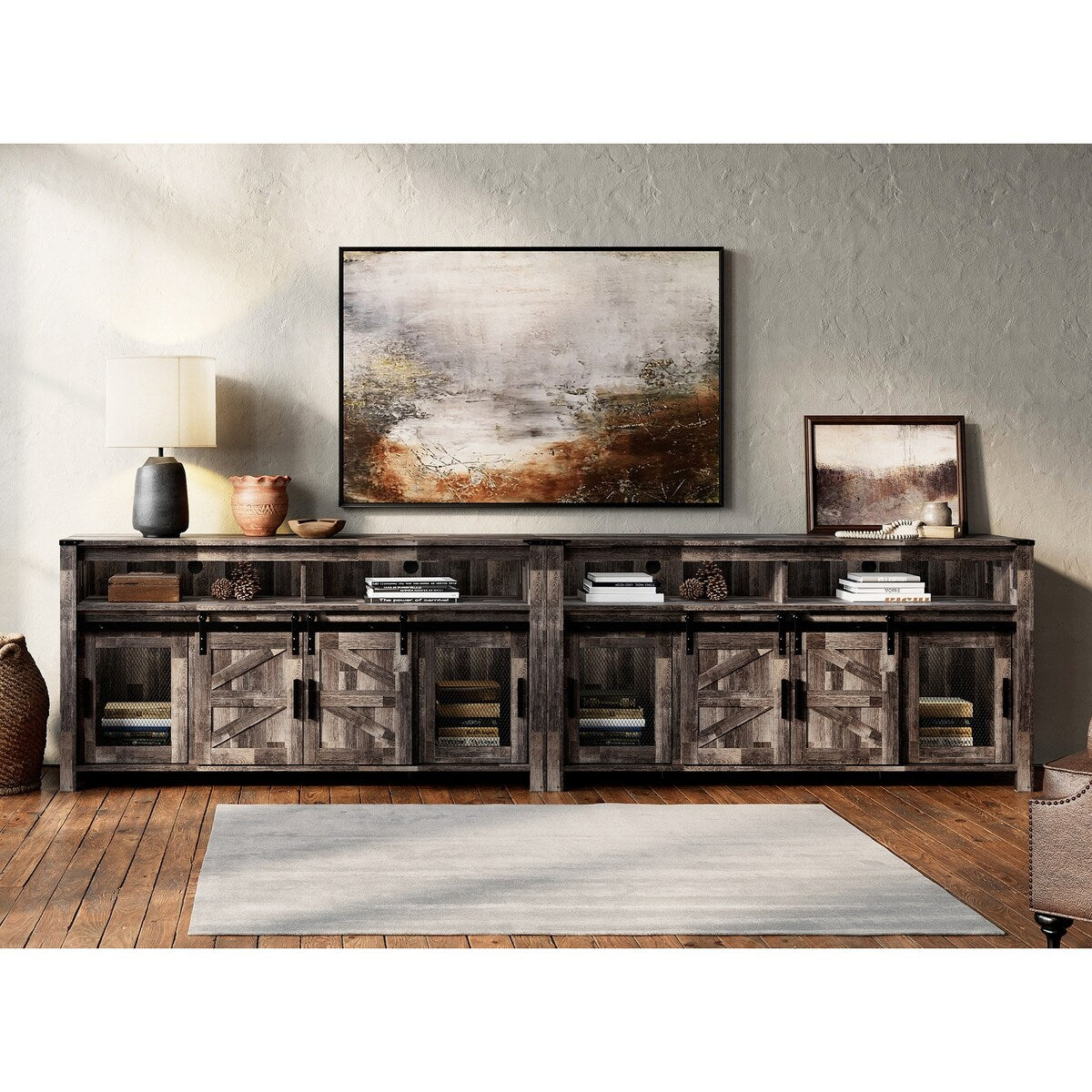 Rustic Wood TV Stand with Mesh and Sliding Barn Doors for Living Room