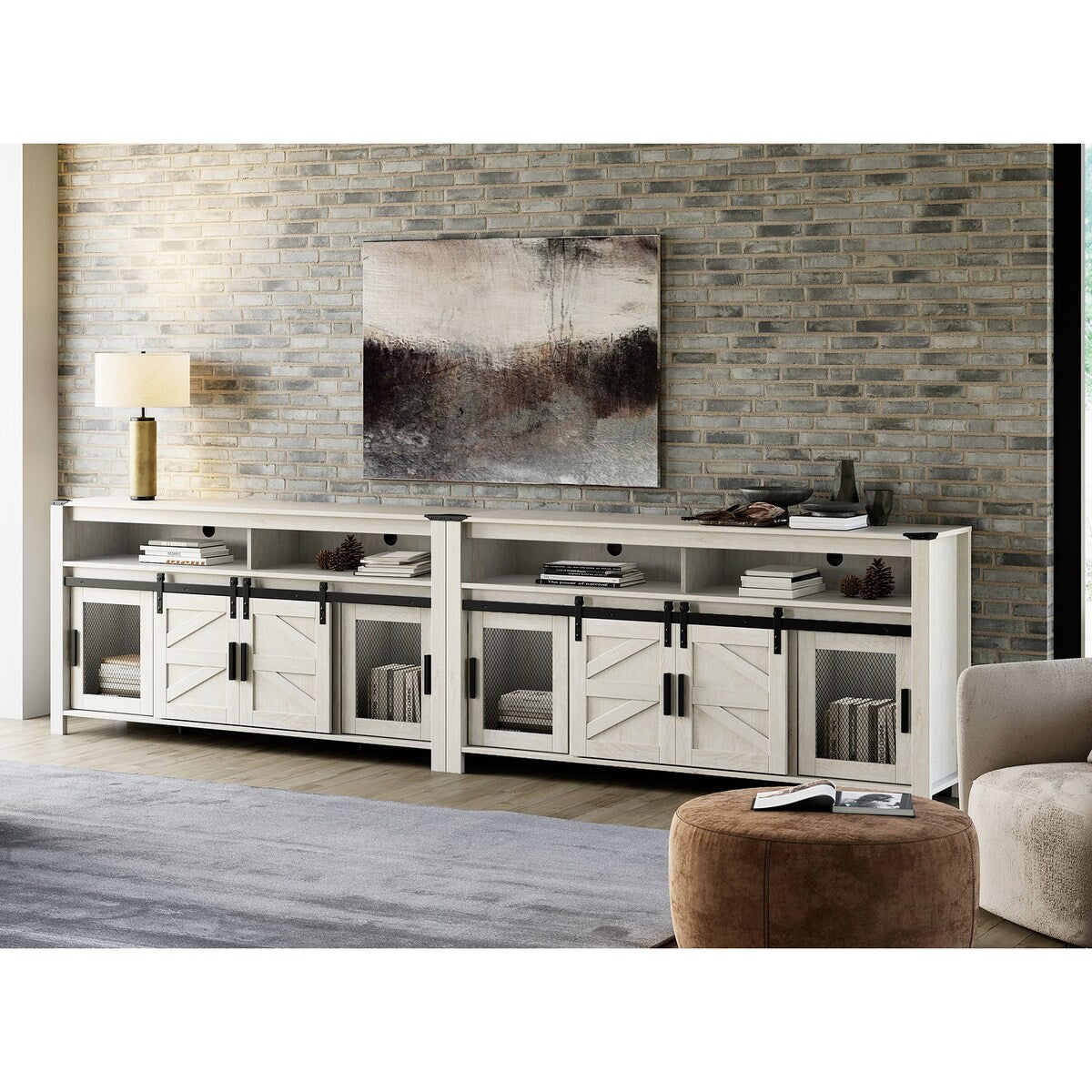 Rustic Wood TV Stand with Mesh and Sliding Barn Doors for Living Room