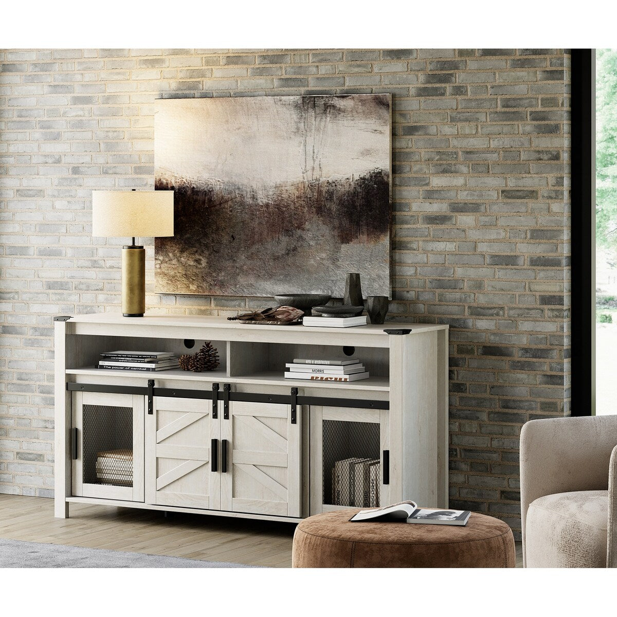 Rustic Wood TV Stand with Mesh and Sliding Barn Doors for Living Room