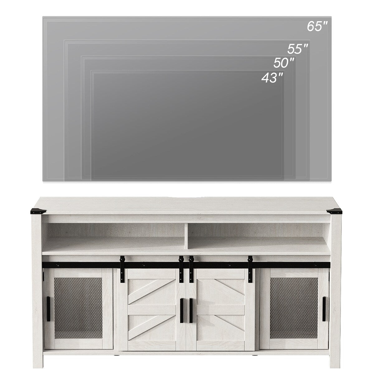 Rustic Wood TV Stand with Mesh and Sliding Barn Doors for Living Room