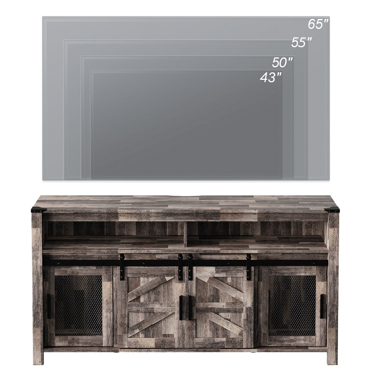 Rustic Wood TV Stand with Mesh and Sliding Barn Doors for Living Room