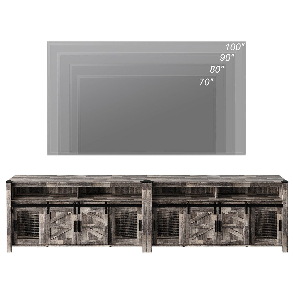 Rustic Wood TV Stand with Mesh and Sliding Barn Doors for Living Room