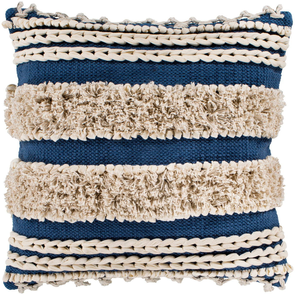 Rylie Navy Bohemian Braided Shag Throw Pillow Cover (22" x 22")