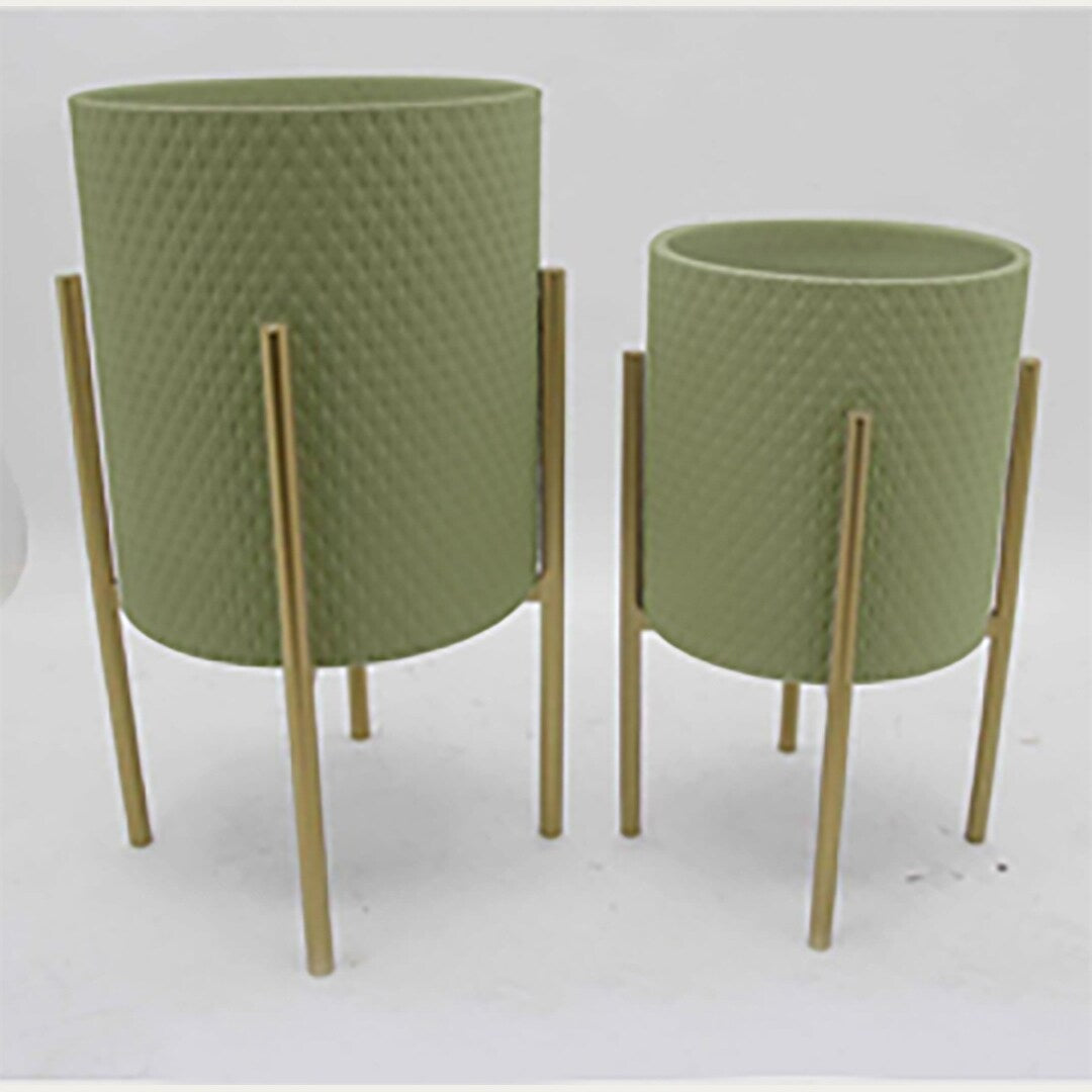 S/2 Diamnod Planter On Metal Stand, Olive/Gold