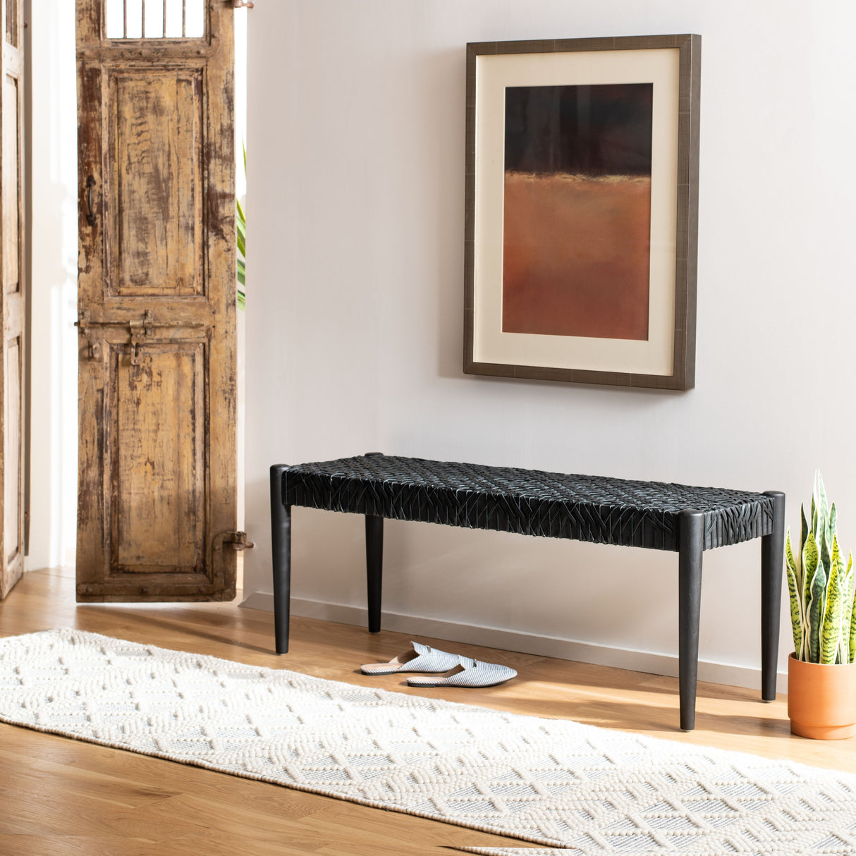 SAFAVIEH Mahalia Bandelier Wood & Leather Bench - 47" W x 16" D x 19" H - 47Wx16Dx19H